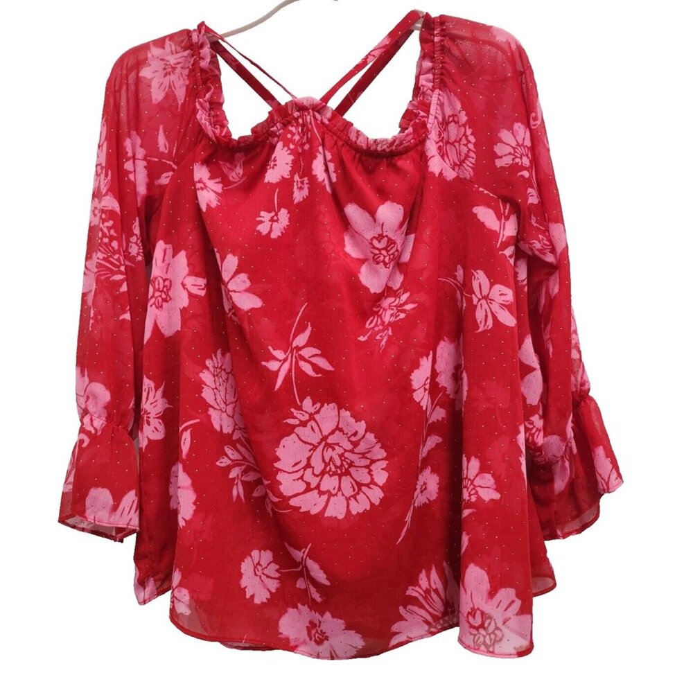INC International‎ Concepts Womens Top Large Red Floral Chiffon BOHO Bell Sleeve